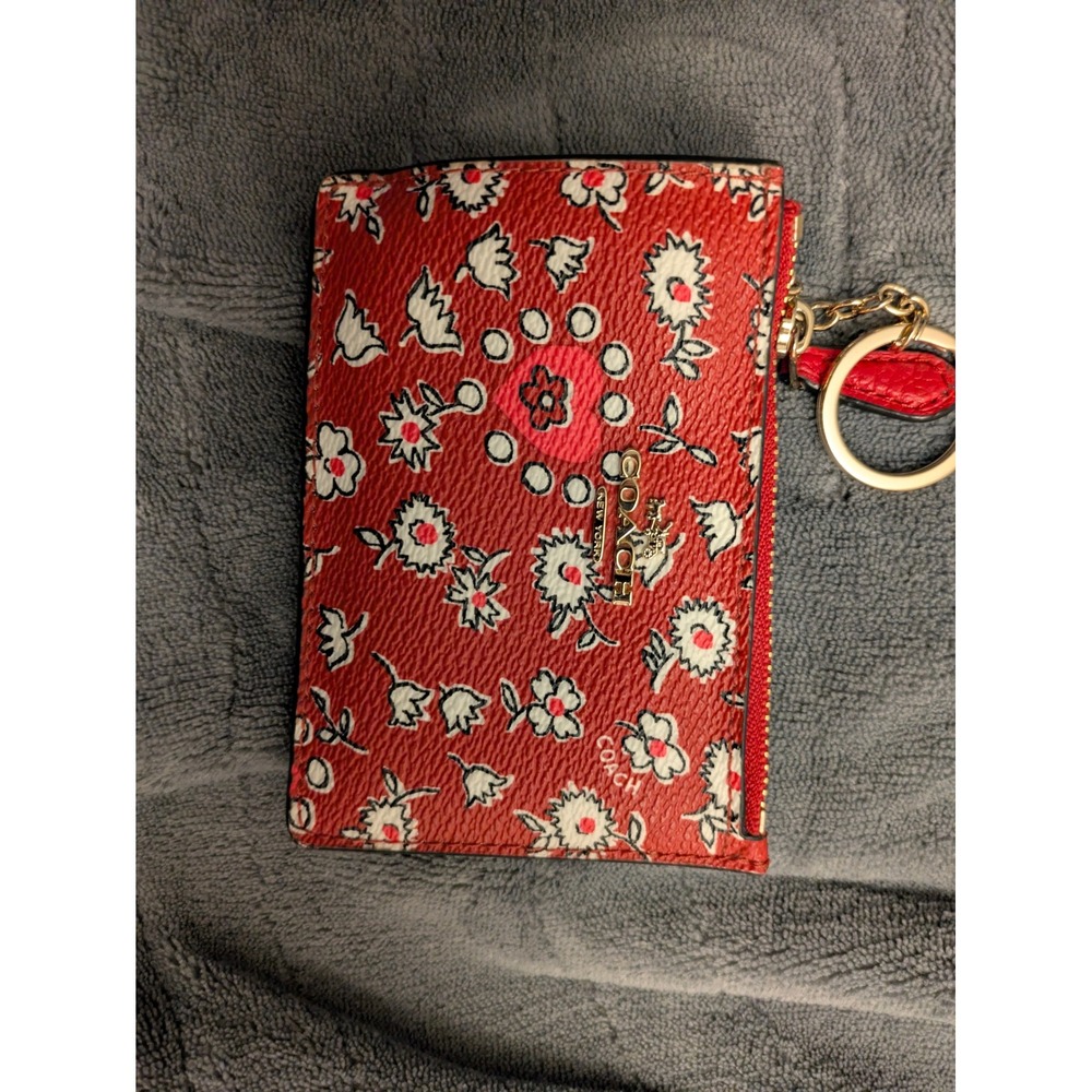 Coach Mini Skinny ID Case Red Floral Heart Print Leather Wallet Key Ring